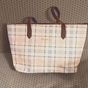 Plaid cream black & light orange tote bag. Great small size